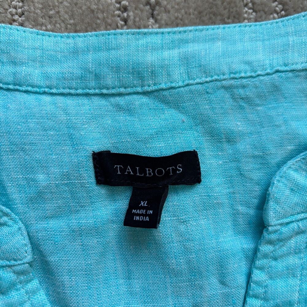 Talbots Linen Button Down Shirt Womens XL Aqua Blue Roll Tab Sleeve Casual Beach - Picture 3 of 6